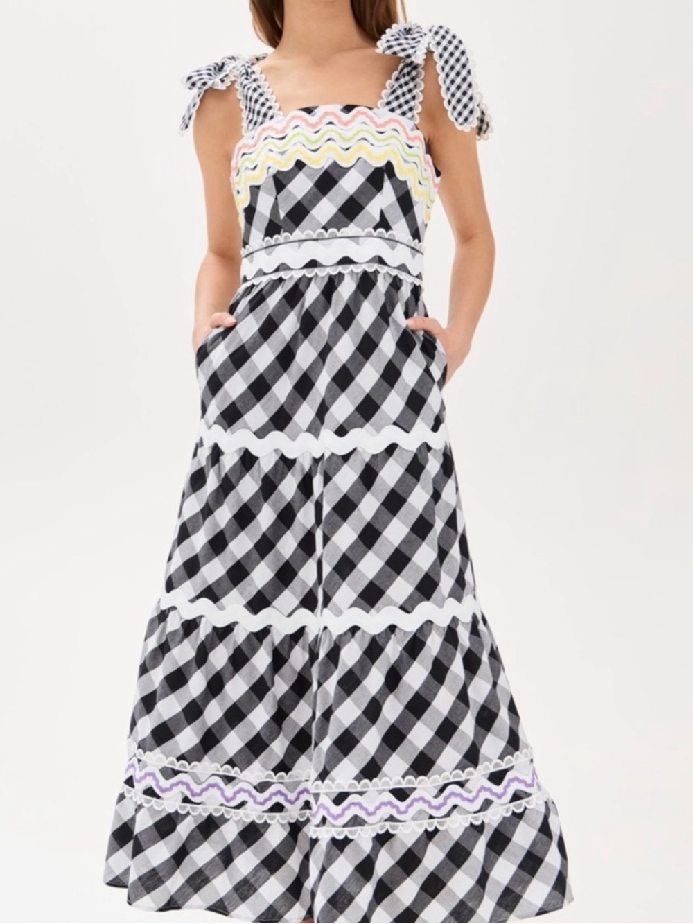 CeliaB Black & White Jade Vichy Gingham Tiered Dress with Pastel Rickrack Size:S